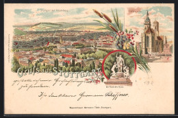 Delcampe - Lithographie Stuttgart, Stiftskirche, Denkmal Raub Des Hylas, Gesamtansicht - Stuttgart