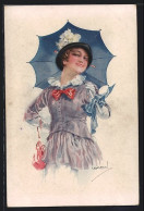 Delcampe - Künstler-AK Luis Usabal: Frau Mit Hut Und Schirm - Usabal