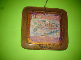 Delcampe - Emaux Sur Cuivre Laqués, Auteur GRELIUS, Paysage Avec Maisons, Peinture Acrylique, émail, Céramique, Feuille D'or - Otros & Sin Clasificación