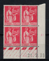Delcampe - Coin Daté - YV 370 N** MNH Luxe Type Paix Du 21.2.39 , 3 Points - 1930-1939