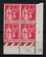 Delcampe - Coin Daté - YV 370 N** MNH Luxe Type Paix Du 21.2.39 , 1 Point - 1930-1939