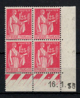 Delcampe - Coin Daté - YV 370 N** MNH Luxe Type Paix Du 16.1.39 , 1 Point - 1930-1939