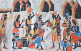 Delcampe - BATIK Contemporain (1990), Bamako, Mali, Afrique De L'Ouest (œuvre Unique) 150 X 101 Cm - Scène De Village - Coton - Arte Africano