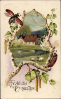 Delcampe - Gaufré CPA Glückwunsch Pfingsten, Maikäfer An Der Birke, Dorfpartie, Schafe - Pfingsten