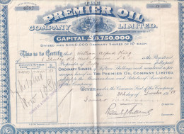 Delcampe - UNITED KINGDOM, 1919 THE PREMIER OIL COMPANY LIMITED Certificate For 50 Shares 15 Shillings Each, Early Oil Shares In - Petrolio