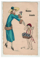 Delcampe - ANGE #17455 ANGELOT A CASQUETTE MARCHAND DE FLEURS ET FEMME ELEGANTE BONNE ANNEE ILLUSTRATEUR DARLING - Engel