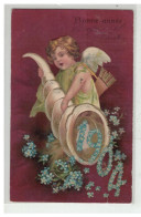 Delcampe - ANGE #17479 ANGELOT CUPIDON TENANT UNE CORNE D ABONDANCE GEANTE MYOSOTIS 1904 NONNE ANNEE GAUFREE DORURE - Engel