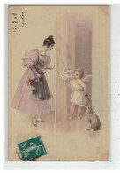 Delcampe - ANGE #17487 ANGELOT CUPIDON OFFRANT UN BOUQUET DE FLEURS A LA FEMME DE MENAGE CHAT A NOEUD BLEUE ILLUSTRATEUR - Engel