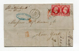 Delcampe - !!! PAIRE DU N°24 SUR LETTRE DE 1867 POUR NEW YORK, OBLIT LOSANGE GC 1769 ET CACHET A DATE DU HAVRE - 1849-1876: Période Classique