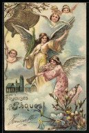 Delcampe - Präge-AK Osterengel Läuten Die Glocken Und Blasen Die Fanfare, Fröhliche Ostern - Engel