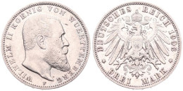 Delcampe - German States, Wurttemberg, Wilhelm II, 3 Mark Silver 1908F, Bearded Head Right, KM 635, VF. Silver 0.900 / 16,66gr. / 3 - Altri & Non Classificati
