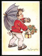 Delcampe - Künstler-AK Tilly Von Baumgarten: Kind Mit Geschenk, Blumenstrauss Und Regenschirm - Baumgarten, Tilly Von