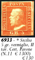 Delcampe - 6933 Sicilia, 5 Gr. Vermiglio, II Tavola. Certificato Pavone, Alfafil - Sicile