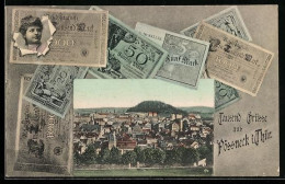 Delcampe - AK Pössneck I. Thür., Teilansicht Im Geldschein, Passepartout - Münzen (Abb.)