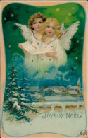 Delcampe - Glitzer Lithographie Frohe Weihnachten, Engel, Verschneites Dorf - Sonstige & Ohne Zuordnung
