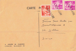 Delcampe - GRIFFE LINEAIRE LYON GARE  SUR CPA AU TARIF 27/3/1959 MOISSONNEUSE 6+12F POUR ST GALLEN SUISSE - Handstempel