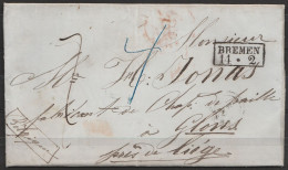 Delcampe - L. De BREMEN Datée 1857 Pour GLONS (Liège) - Càd [BREMEN / 14*2] - Au Dos T18 Glons + Càd BERLIN-MINDEN - Bremen