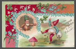 Delcampe - CPA - ILLUSTRATION  - GAUFRÉE - CHAMPIGNONS ET LUTINS - BONNE ANNÉE - Pilze