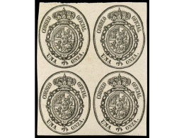 Delcampe - ** ESPAÑA. 1 Onza Negro S. Blanco CAMBIO DE COLOR. Bloque De Cuatro. RARO. Ed.36. - Altri & Non Classificati