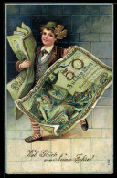 Delcampe - AK Knabe Mit Geldscheinen 50 Mark, Neujahr - Münzen (Abb.)