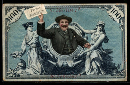 Delcampe - AK Mann Durch Rahmen Im Geldschein, Neujahrsgruss - Münzen (Abb.)