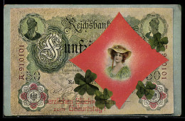 Delcampe - AK Geldschein Mit Dame Auf Karo-Zeichen, Kleeblätter, Geburtstagsgruss - Münzen (Abb.)