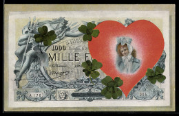 Delcampe - AK Geldschein, Geschmückt Mit Kleeblättern Und Dem Portrait Einer Dame In Einem Herzen - Münzen (Abb.)