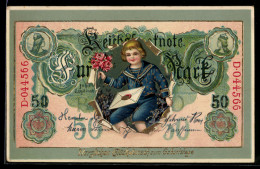 Delcampe - AK Reichsbanknote 50 Mark, Junge Im Matrosenanzug Gratuliert Mit Brief Zum Geburtstag - Münzen (Abb.)