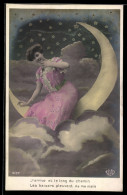 Delcampe - AK Junge Dame Sitzt Auf Der Sichel Des Mondes - Astronomie