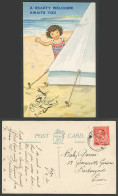 Delcampe - A Hearty Welcome Awaits You Girl Beach, Hand Painted Grand Dad 1930 Old Postcard - Bandes Dessinées