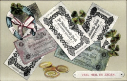 Delcampe - CPA Niederlande, Veel Heil En Zegen, Kleeblätter, Münzen, Geldscheine, Hufeisen, Gulden - Münzen (Abb.)