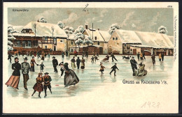 Delcampe - Lithographie Radeberg I. S., Gasthaus Hüttermühle Mit Schlittschuhfahrern - Radeberg