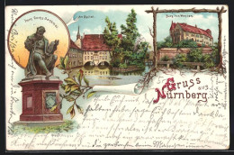 Delcampe - Lithographie Nürnberg, Hans Sachs Denkmal, Am Spital, Burg Von Westen - Nürnberg