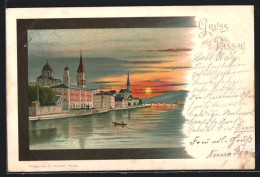 Delcampe - Lithographie Passau, Uferpartie Mit Sonnenuntergang - Passau