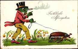 Delcampe - CPA Glückwunsch Pfingsten, Vermenschlichter Frosch Mit Zigarre Und Maikäfer An Der Leine - Pentecoste