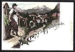 Delcampe - Lithographie Berchtesgaden, Ortspartie Mit Hôtel Salzburger Hof Und Frau In Tracht - Berchtesgaden