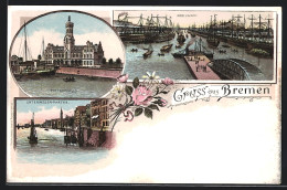 Delcampe - Lithographie Bremen, Freihafen, Hafenhaus, Unterweser Partie - Bremen