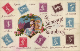 Delcampe - CPA Fantaisie Langage Des Timbres Semeuse - Timbres (représentations)
