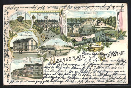 Delcampe - Lithographie Darmstadt, Truppenübungsplatz, Barackenlager, Sicherheitsstand, Post Und Wachkommando - Darmstadt