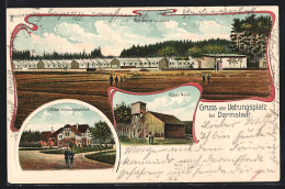 Delcampe - Lithographie Darmstadt, Übungsplatz, Wellblechhausen, Offizier Frühstückslokal - Darmstadt