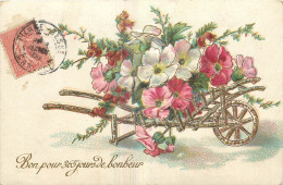 Delcampe - CPA FANTAISIE GAUFREE - ANEMONES - CAMPANULES - DANS BROUETTE - BON POUR 365 JOURS DE BONHEUR - Blumen