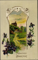 Delcampe - Passepartout CPA Glückwunsch Pfingsten, Dorfpartie, Veilchen - Pentecôte