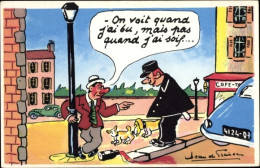 Delcampe - Artiste CPA Preissac, Betrunkener Mann, Polizist, Straßenbeleuchtung, Auto, Hunde, Weinflasche - Autres & Non Classés