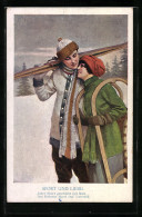 Delcampe - AK Sport Und Liebe, Jeder Sport Geschieht Mit Mass..., Pärchen Mit Skiern Und Schlitten - Deportes De Invierno