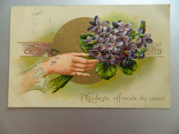 Delcampe - CARTE GAUFFREE         MODESTE OFFRANDE DU COEUR         BOUQUET DE VIOLETTES - Blumen