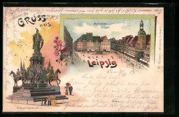 Delcampe - Lithographie Leipzig, Marktplatz Von Oben Gesehen, Siegesdenkmal 1870-71 - Leipzig