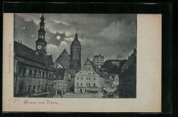 Delcampe - Mondschein-AK Pirna, Ortspartie Mit Geschäft Georg Döderlein Aus Der Vogelschau - Pirna