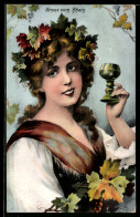Delcampe - AK Ahrtal, Frau Mit Glas Und Weinblättern - Weinberge