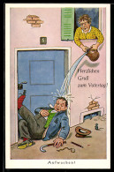 Delcampe - AK Betrunkener Mann Schläft Vor Der Haustür Und Wird Von Der Frau Mit Einem Krug Wasser Geweckt - Humor