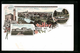 Delcampe - Lithographie Hof, Totalansicht, Rathaus, Neuer Bahnhof Und Springbrunnen Theresienstein In Der Dämmerung - Hof